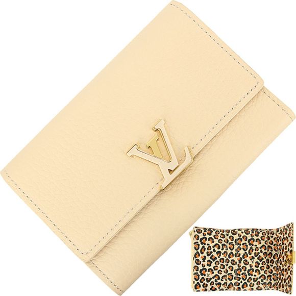 Portefeuille Capucines Compact Accessory Leather Beige Wallet - Picture 1 of 7